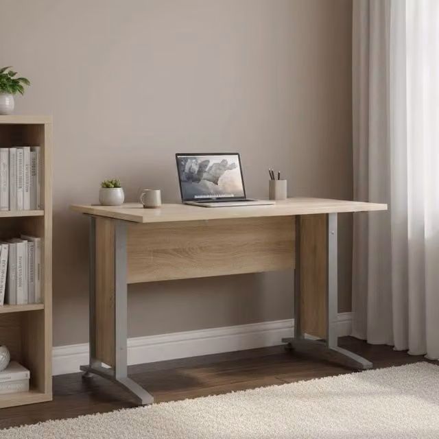 Scrivania Amigos DMORA per ufficio e casa, tavolo moderno porta PC in MDF laminato, Grigio e Quercia, L: 120 cm, P: 80 cm, H: 75 cm