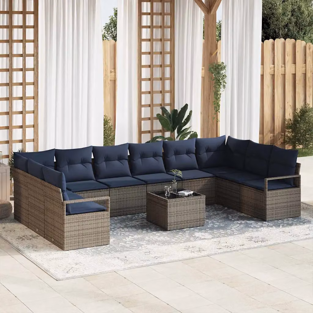Set di divani da giardino vidaXL 11 pezzi a forma di U in polyrattan grigio con cuscini e tavolino da caffè