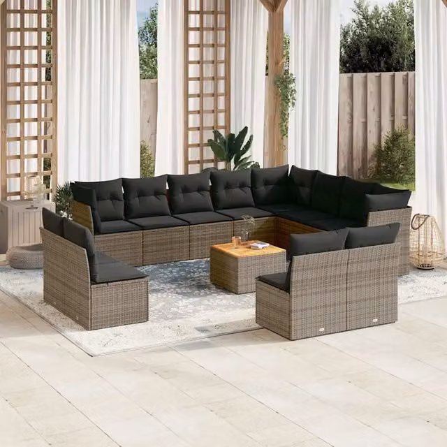 Set di divani da giardino VIDAXL in polyrattan grigio con cuscini, composizione a U da 13 posti