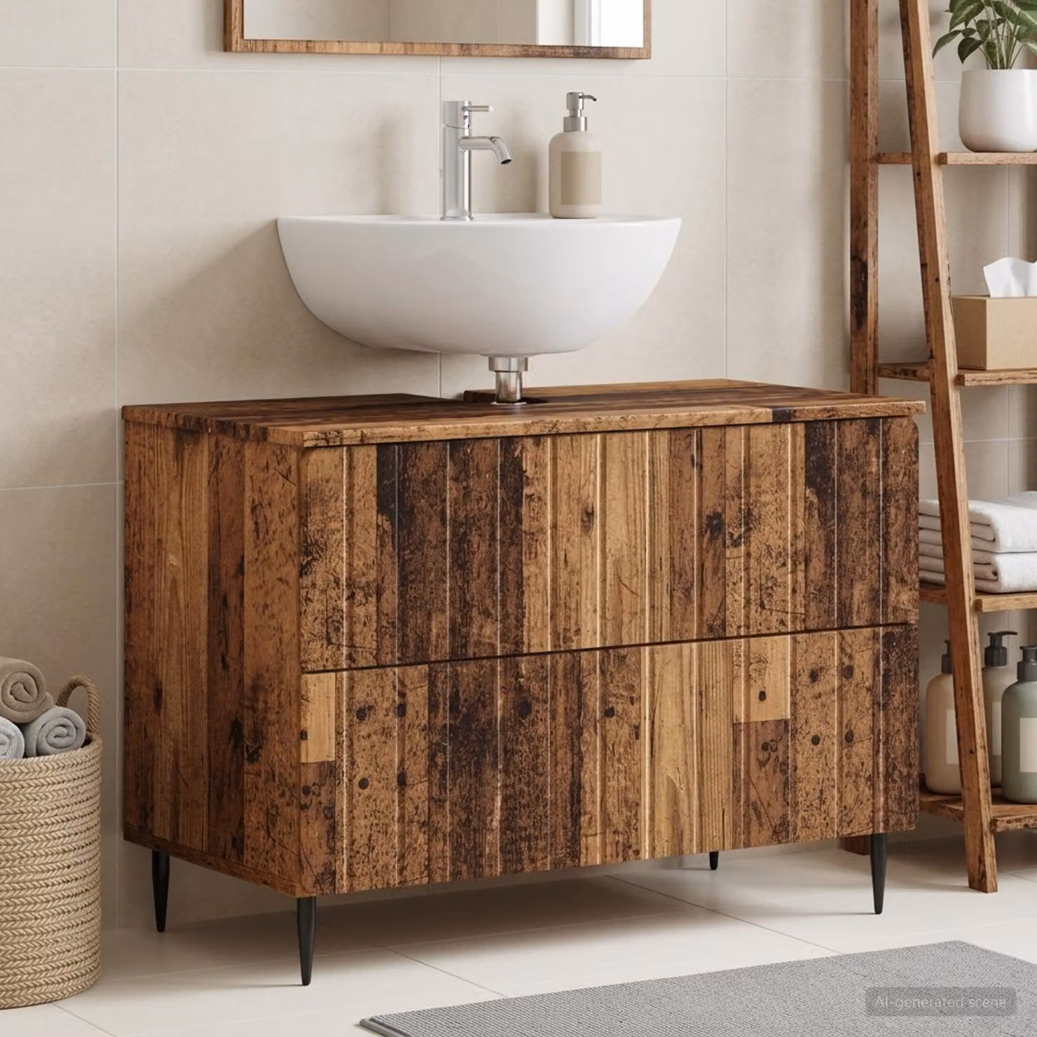 Armadio per lavabo da bagno vidaXL ZWOLLE in legno marrone antico con cassetti e ante