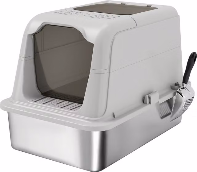 Lettiera chiusa per gatto PawHut in acciaio inox con coperchio, 2 ingressi, paletta e sacchetto deodorante, Grigio Chiaro
