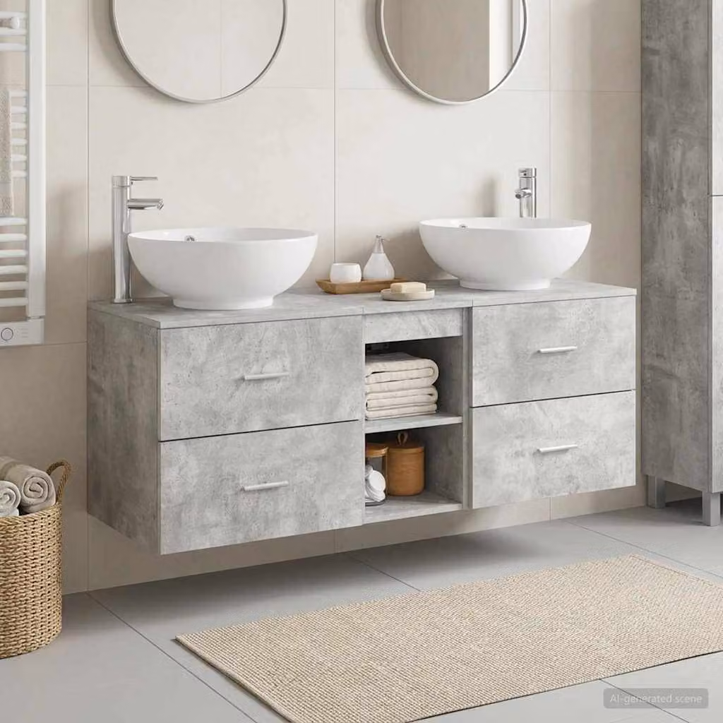 Set di mobili da bagno moderni vidaXL in 3 pezzi Grigio con vanità e pensili a muro L/P/H: 129,0 x 80,0 x 44,5 cm
