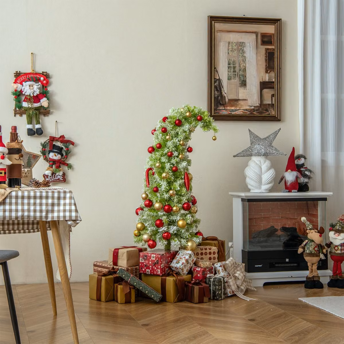 Albero di Natale artificiale pre-illuminato Costway con punta flessibile e 290 rami, Verde, Altezza: 180 cm