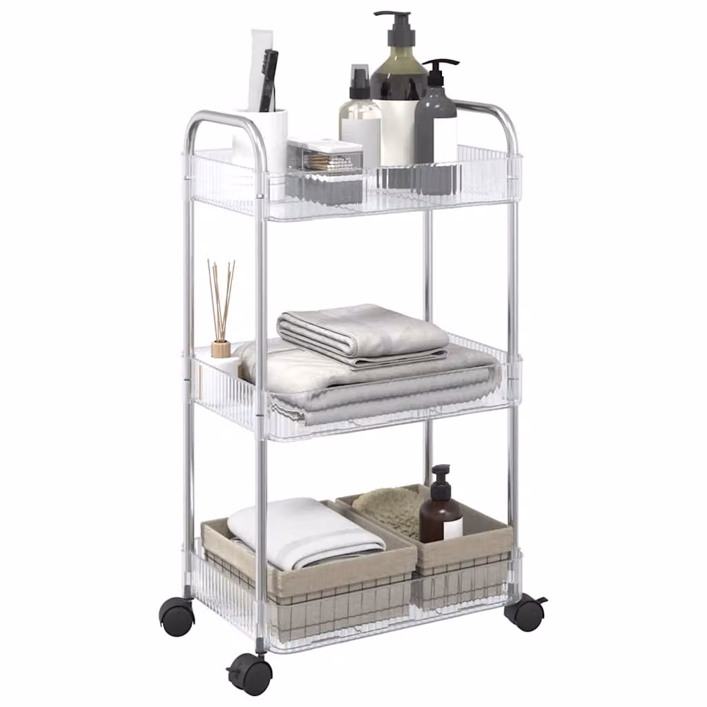 Carrello portaoggetti a 3 livelli vidaXL in acrilico trasparente con dettagli argento, L 37 cm x P 28 cm x H 68 cm