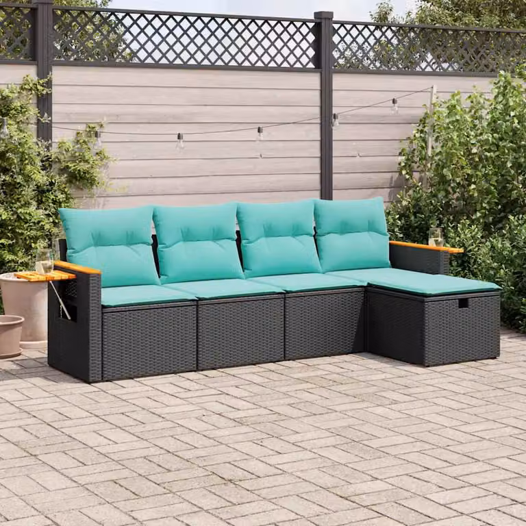 Set di divani da giardino a L vidaXL in polyrattan nero con cuscini blu e struttura in metallo
