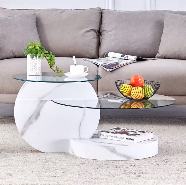 Tavolino da caffè 78.51x78.99x24.51 cm a due livelli con piano in vetro di sicurezza in MDF bianco