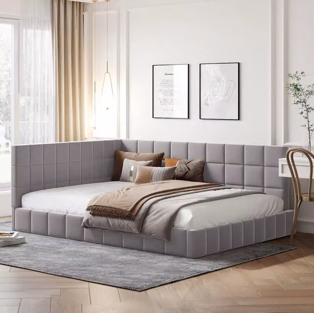 Divano letto 140x200 cm grigio imbottito con rete a doghe e schienale reversibile