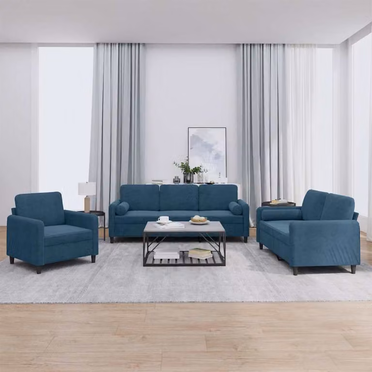 Set di divani 3 pezzi vidaXL in velluto blu con cuscini per soggiorno moderno