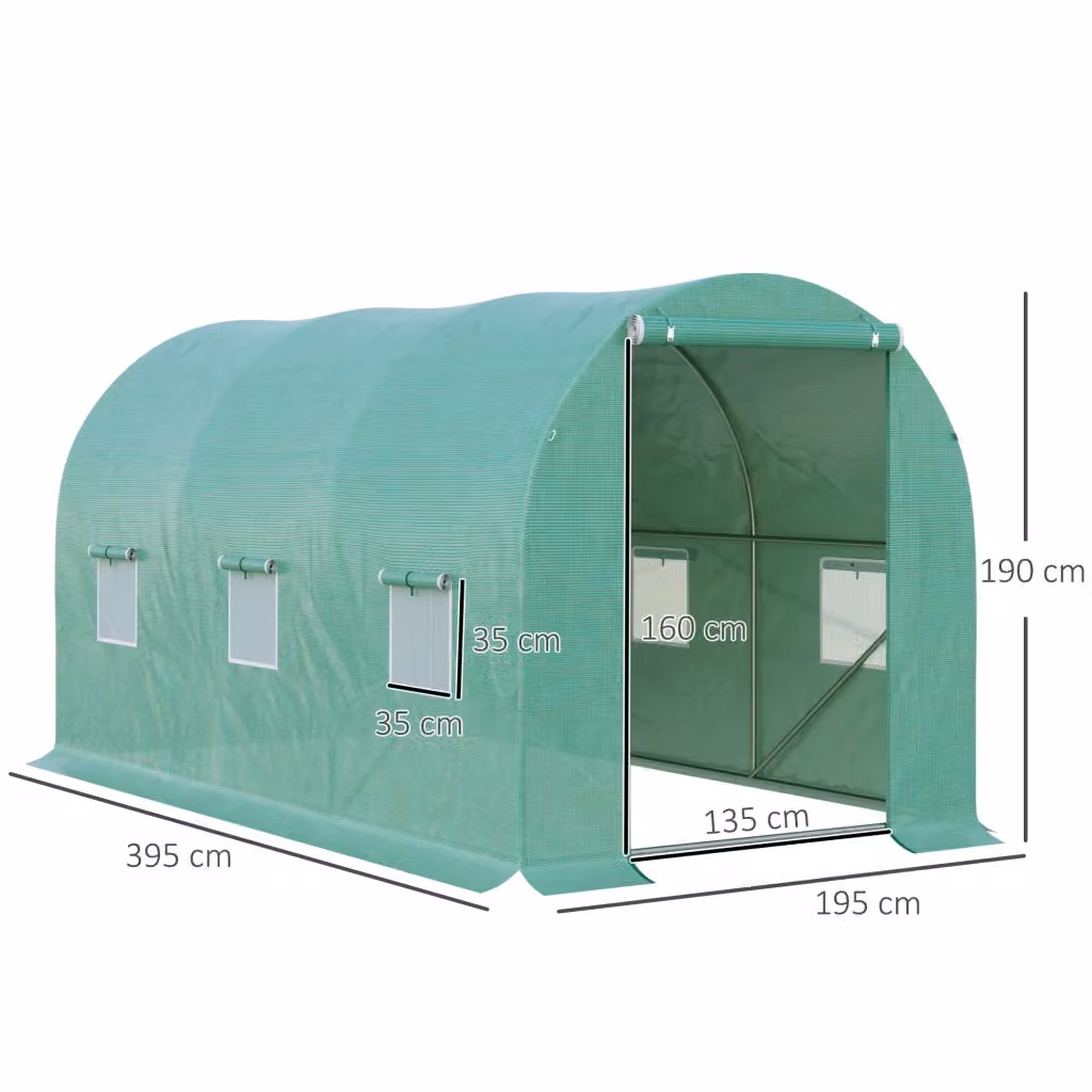 Serra ad arco REDOM verde con porta avvolgibile e finestre a rete L: 395 cm, P: 195 cm, H: 190 cm – 2