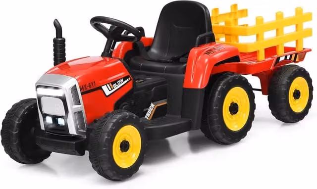 Costway Trattore Giocattolo Elettrico con Rimorchio 12V per Bambini, Rosso, con Luci, Suoni e Telecomando – 1