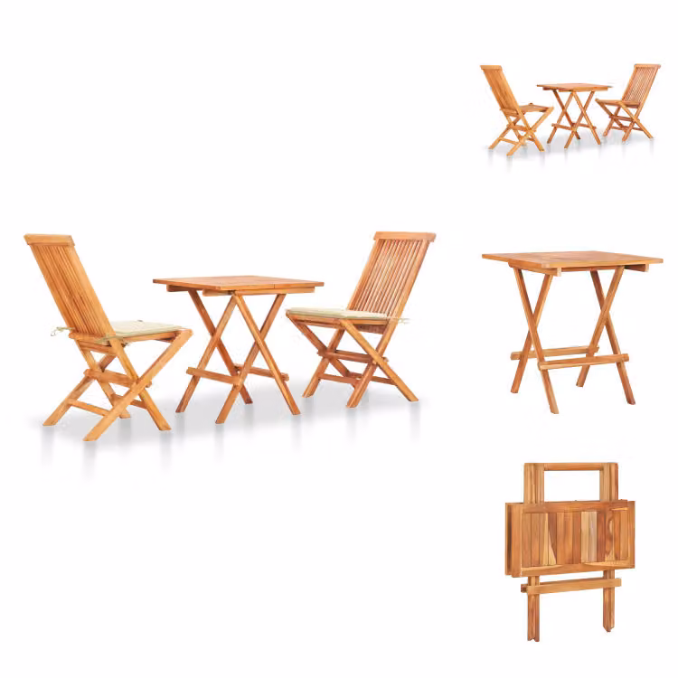 vidaXL Set bistrot 3 pezzi con cuscini bianco crema in teak massiccio - Set di mobili da giardino