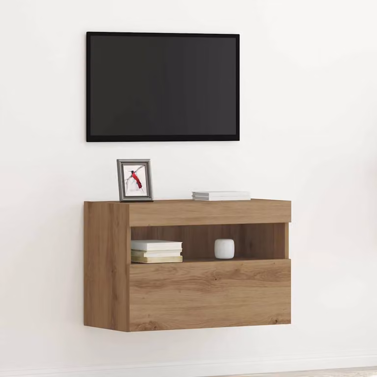 Mobile TV da parete vidaXL in rovere artigianale con illuminazione integrata, L 60 cm, P 30 cm, H 40 cm