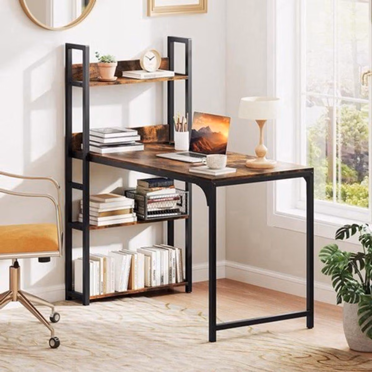 Scrivania Bureau con stazione di ricarica, 120x65 cm - Scrivania con ripiano aperto per libri e prese di corrente
