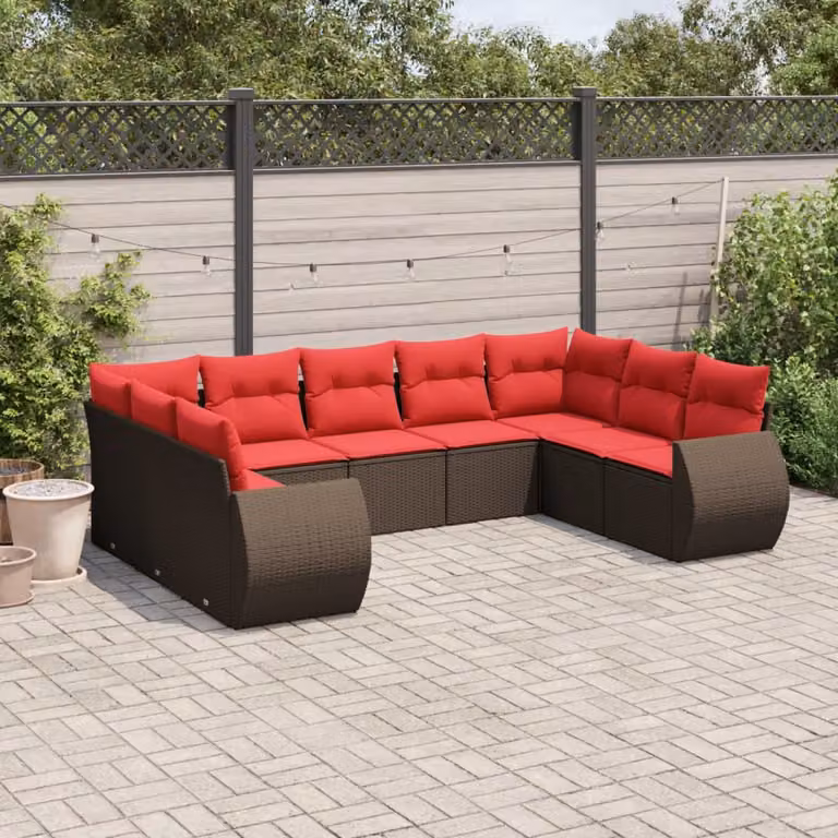 Set di divani da giardino vidaXL in polyrattan marrone con cuscini, design moderno a forma di U per esterno