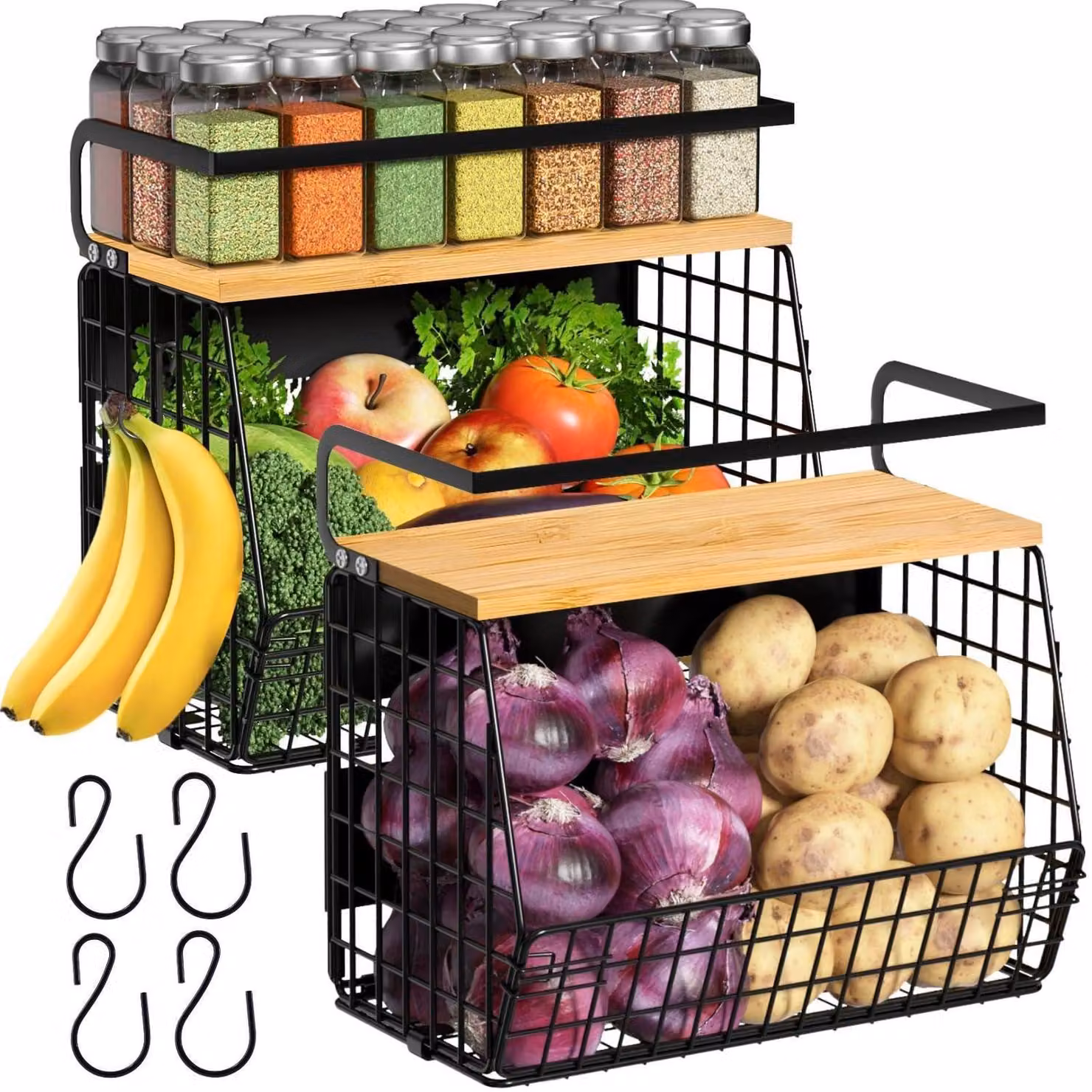 Set di 2 contenitori magnetici per frigorifero, con coperchio in legno, ideali per conservare frutta, patate, cipolle e spezie