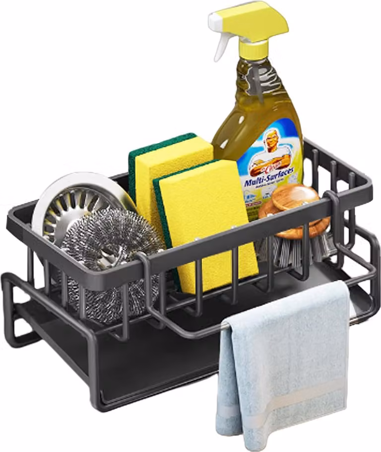 Organizer per lavello da cucina in acciaio inossidabile, carrello portaoggetti per lavello con vassoio rimovibile e portasciugamani, accessorio da cucina per spugne e spazzole, nero