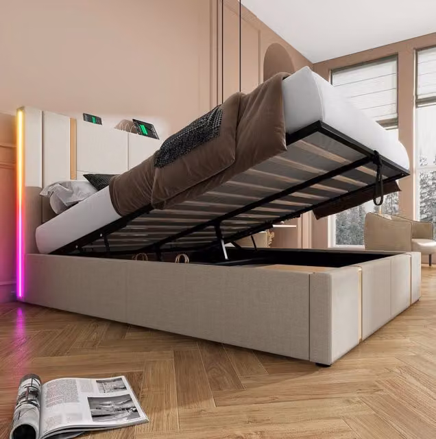 Letto matrimoniale contenitore 160x200 cm con LED RGB e porte USB; in lino beige