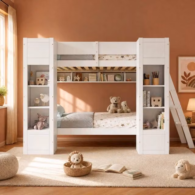 Letto a castello 90x200 cm bianco con contenitore; scala reversibile e protezione anticaduta