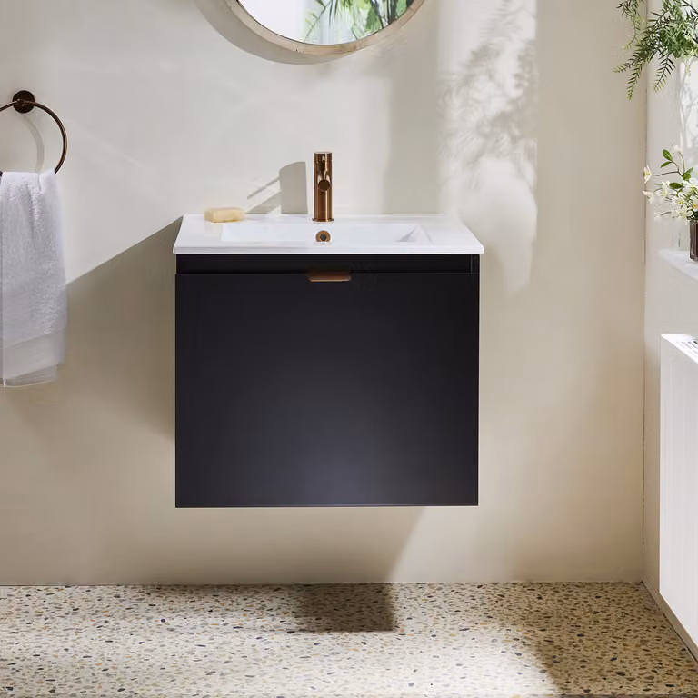 Mobile Bagno Grigio Nero Sospeso da 600mm con Lavabo e Maniglia con Impugnatura a Dito in Rame Satinato - Cluo