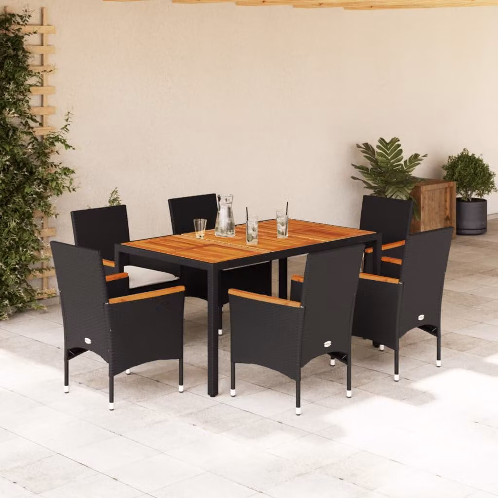 Set Pranzo da Giardino vidaXL in Polyrattan e Legno di Acacia Nero con Cuscini Beige, 7 Pezzi – 1