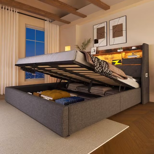 Letto Contenitore REDOM Grigio in Tessuto con Illuminazione LED, Porte USB/Type-C e Ripiano Laterale, L/P: 140 x 190 cm