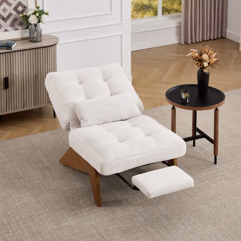 MODFU poltrona lounge imbottita reclinabile con gambe in legno + poggiapiedi, cuscino lombare per sedia reclinabile, design senza schienale, beige