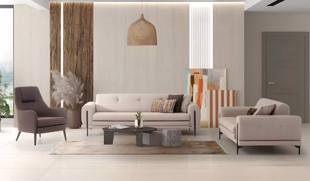 Komplette Couchgarnitur Dreisitzer Zweisitzer Sessel Weiß Stoffsofas