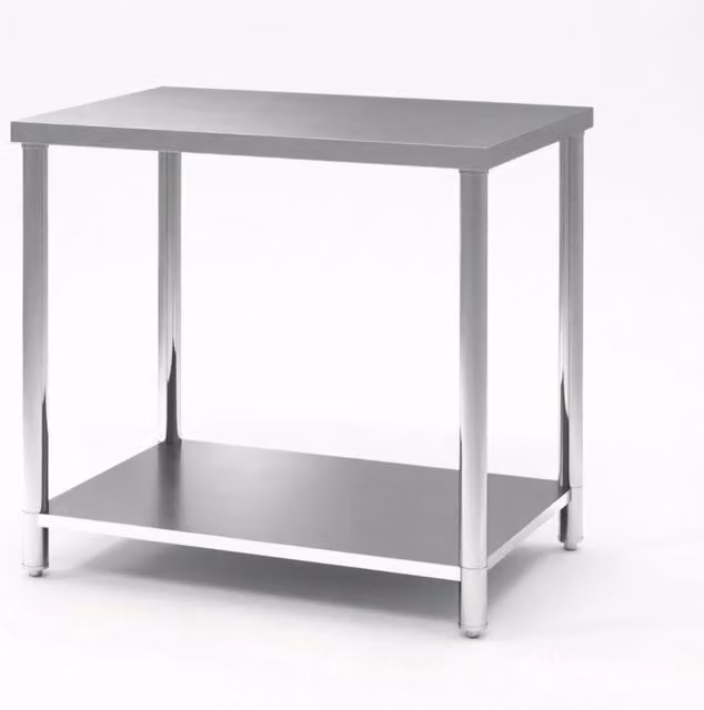 Tavolo da lavoro in acciaio inox con doppio ripiano 90x60x86 cm, struttura stabile per cucina, garage e giardino