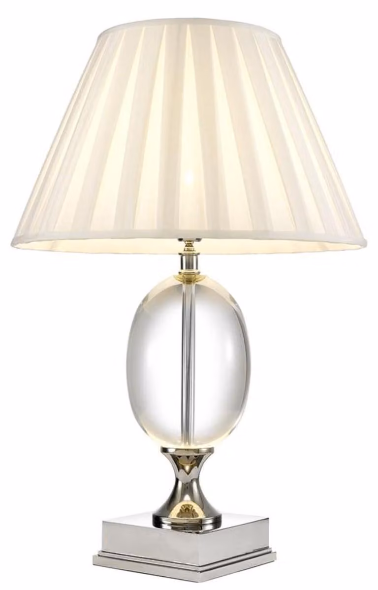 Lampada da tavolo design Casa Padrino, finitura argento, con vetro di cristallo e paralume in tessuto bianco, dimensioni 17 x 43 x 67 cm