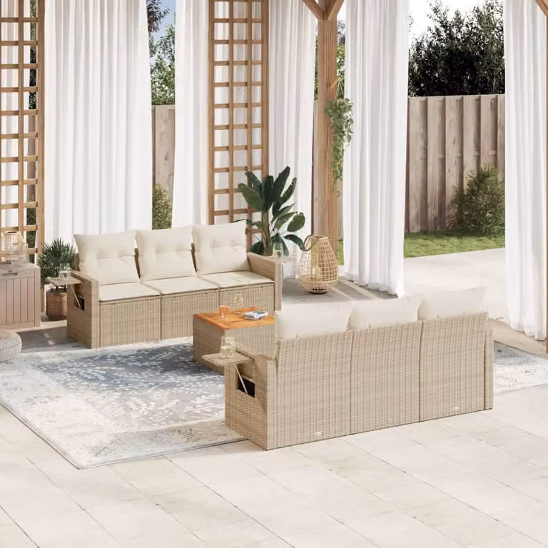 vidaXL Set Divani da Giardino 7 pz in Polyrattan con Cuscini Beige e Tavolino da Esterno