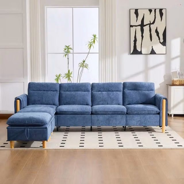 Set divano angolare a U 4 posti con poggiapiedi contenitore ¨C Minimal ¨C tessuto chenille blu gambe legno