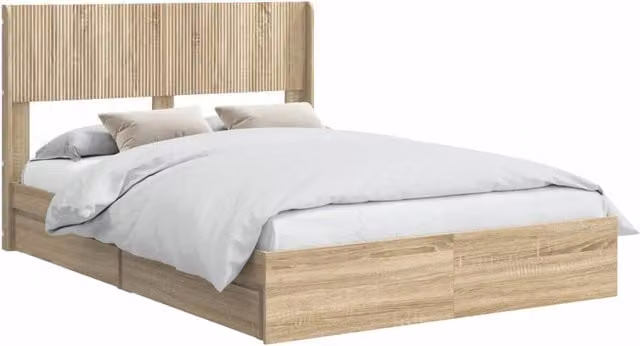 Letto matrimoniale moderno con contenitore laterale e testata in Rovere Sonoma, colore marrone, L/P/H: 160 x 200 x 100 cm