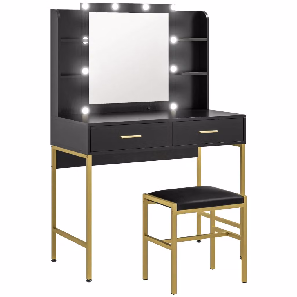 Toeletta Trucco Hollywood LED con Specchio a 10 Lampadine, Sgabello Imbottito, 2 Cassetti e 6 Ripiani, Colore Nero – 2
