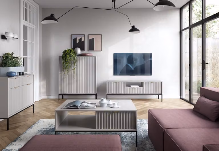 Tavolino basso "Lamelli", stile moderno, lunghezza 104 cm, colore grigio