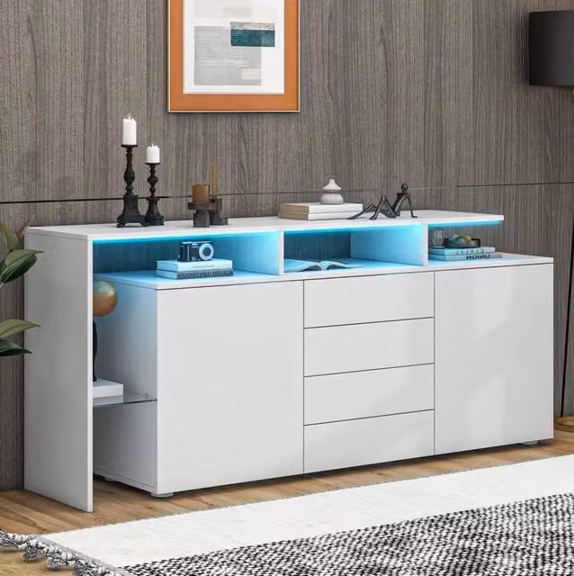 Credenza ULEVR 160x35x70 cm con LED, 2 ante, 4 cassetti e vani aperti, bianco lucido