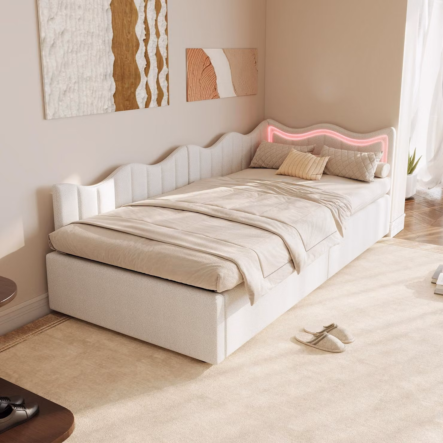 UnboxG Letto imbottito divano letto 90x200, letto singolo con LED e contenitore idraulico, struttura letto con rete a doghe, letto da giorno in tessuto vellutato divano letto per ospiti letto per ragazzi, beige