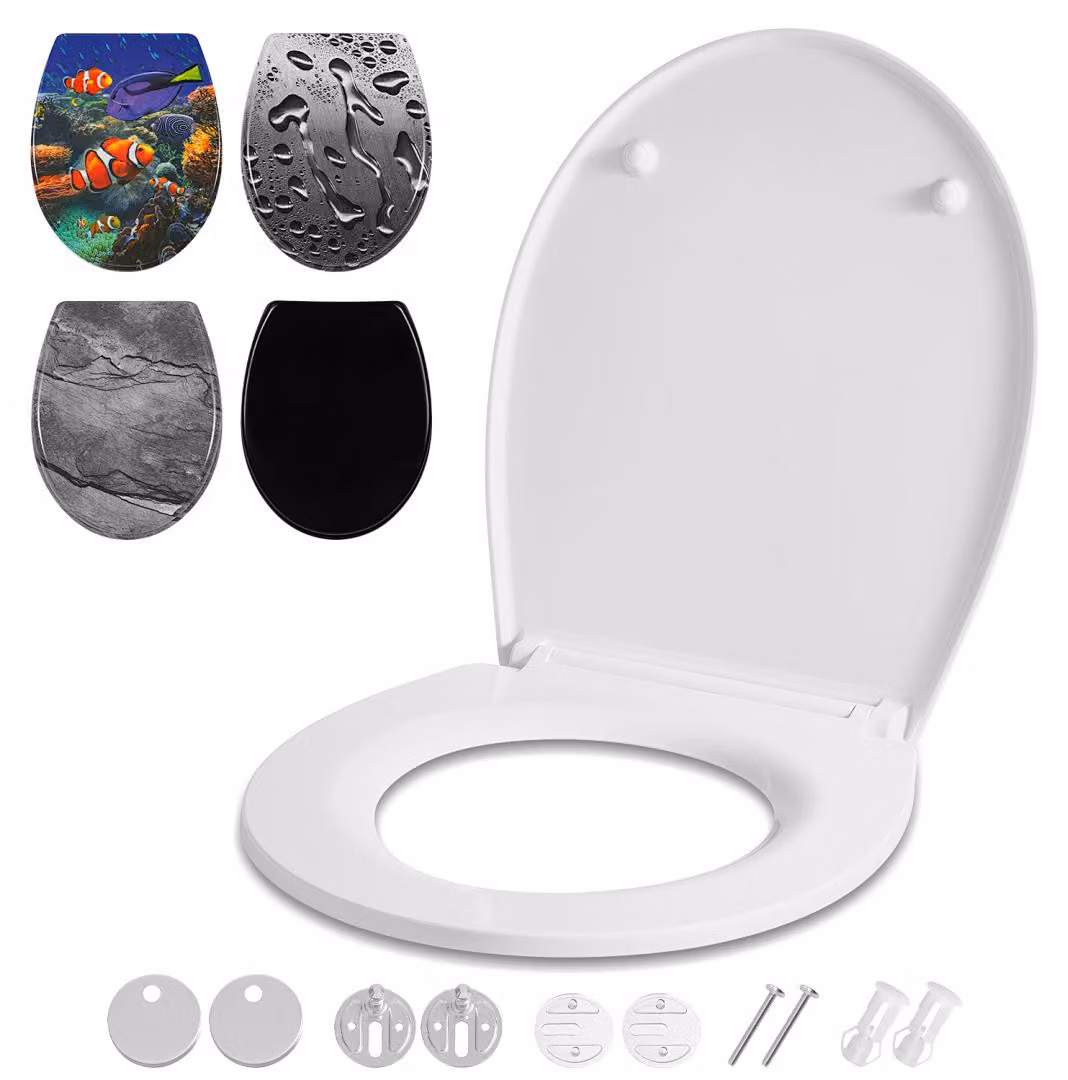 Copertura per WC Ikodm, sedile per WC con sistema di chiusura rallentata e sistema di fissaggio rapido, realizzato in duroplast antibatterico, montaggio senza attrezzi, elevata capacità di carico, forma ovale universale, bianco puro, monocolore, con siste