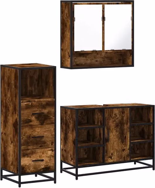 Set Mobili da Bagno | Armadio da bagno 3 pz Rovere Fumo in Legno Multistrato