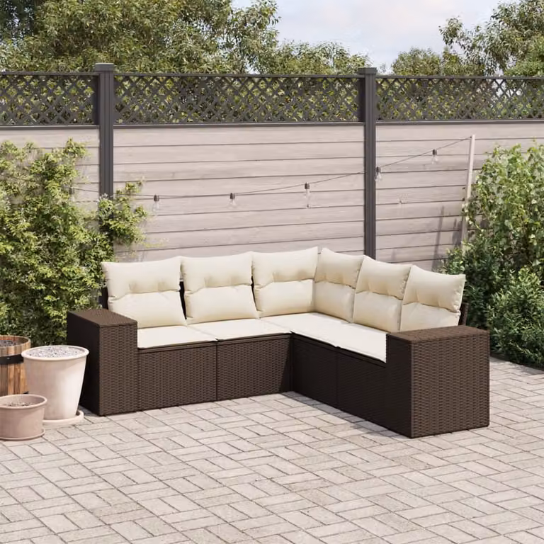 Set Divano da Giardino a L vidaXL 5 pz con Cuscini Marrone e Bianco in Polyrattan e Metallo