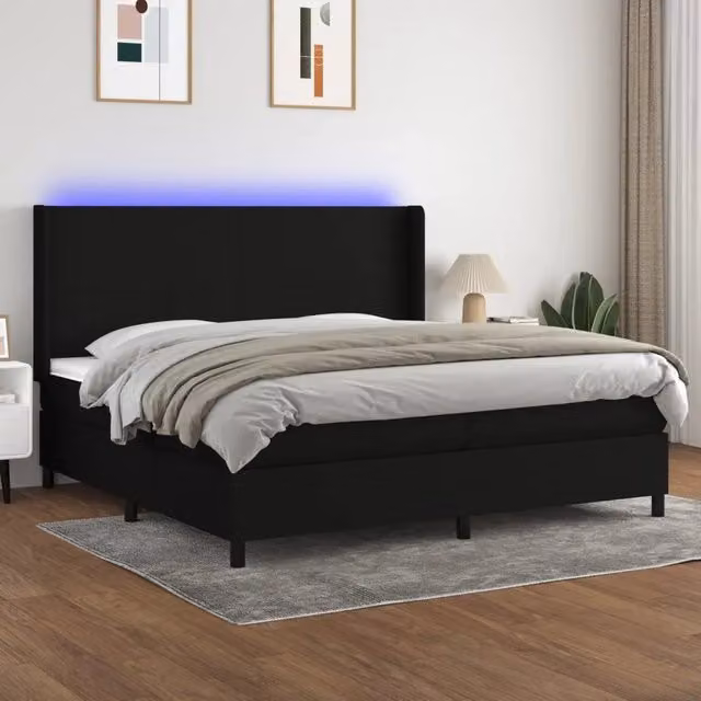 Letto a molle moderno vidaXL in tessuto nero con illuminazione LED sottostante e porta USB, L/P: 200 x 200 cm
