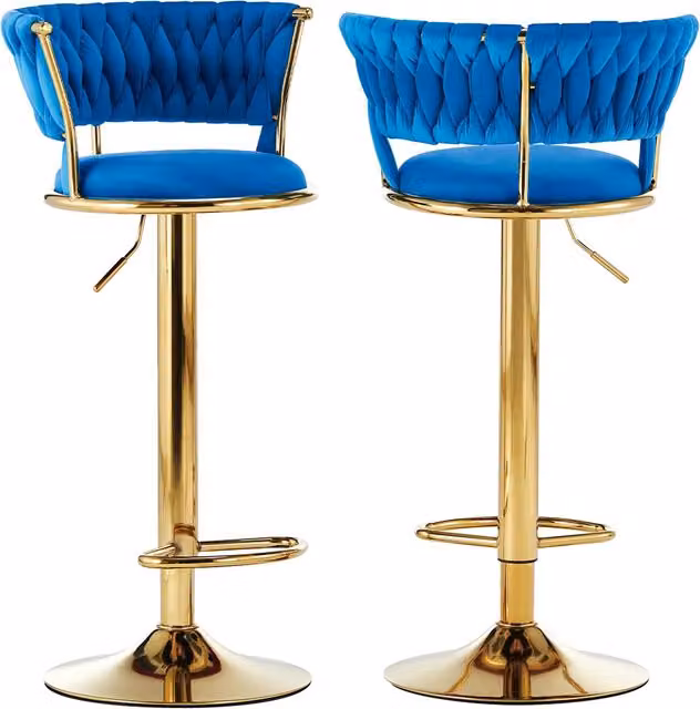 Set di 2 Sgabelli da Bar Bakaji con Schienale Intrecciato in Velluto Blu e Struttura in Metallo Oro con Seduta Girevole a 360 Gradi