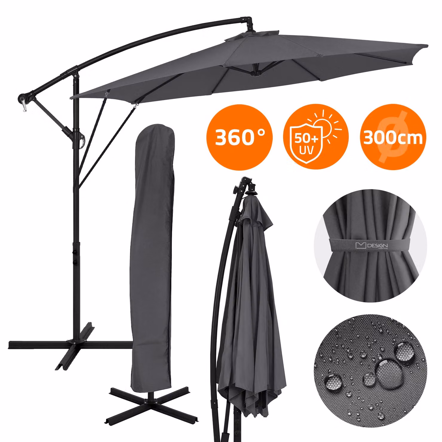 ML-Design Ombrellone a piantone Ø 300 cm Antracite Alluminio Ombrellone con manovella, copertura e supporto Protezione solare UV50+ e idrorepellente Ruotabile e inclinabile a 360°