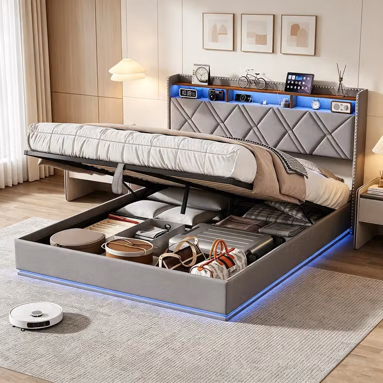 Letto imbottito INONEFT, modello boxspring, 140x200 cm, con luci LED e caricabatterie USB, letto a una piazza o a due piazze con rete a doghe e spazio contenitore ad apertura idraulica, rivestito in lino, colore grigio