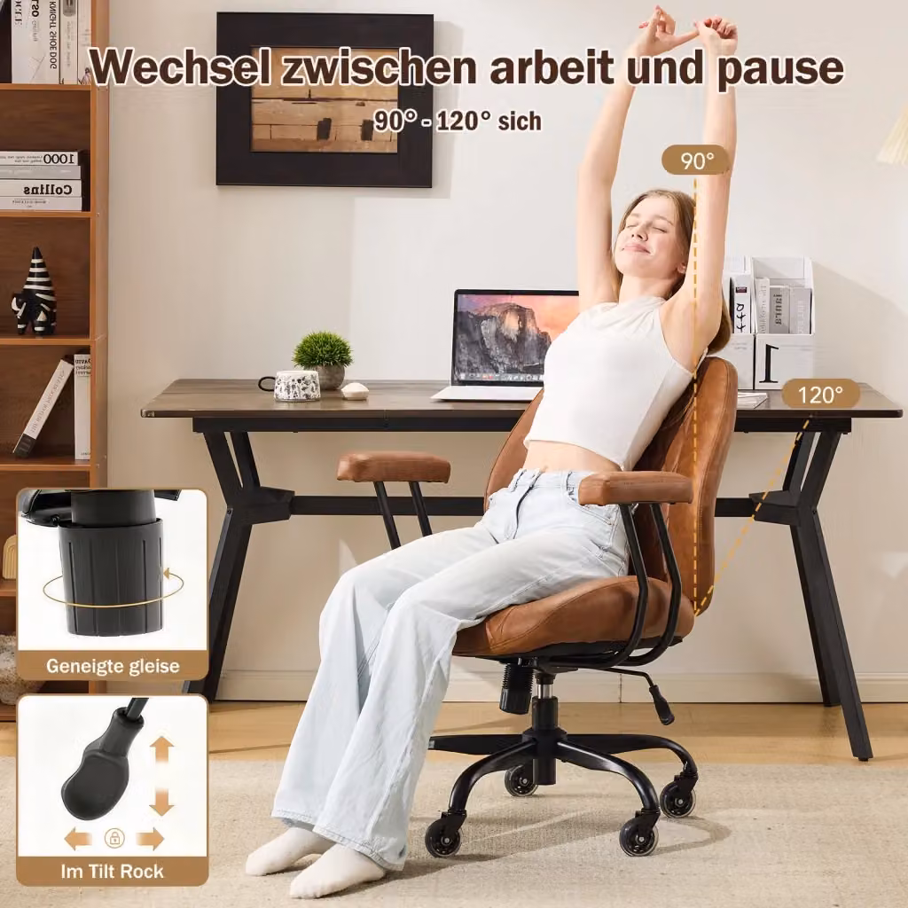 Sedia da ufficio ergonomica OKWISH in pelle marrone con braccioli e rotelle, L/P/H: 56 x 58 x 33 cm – 2