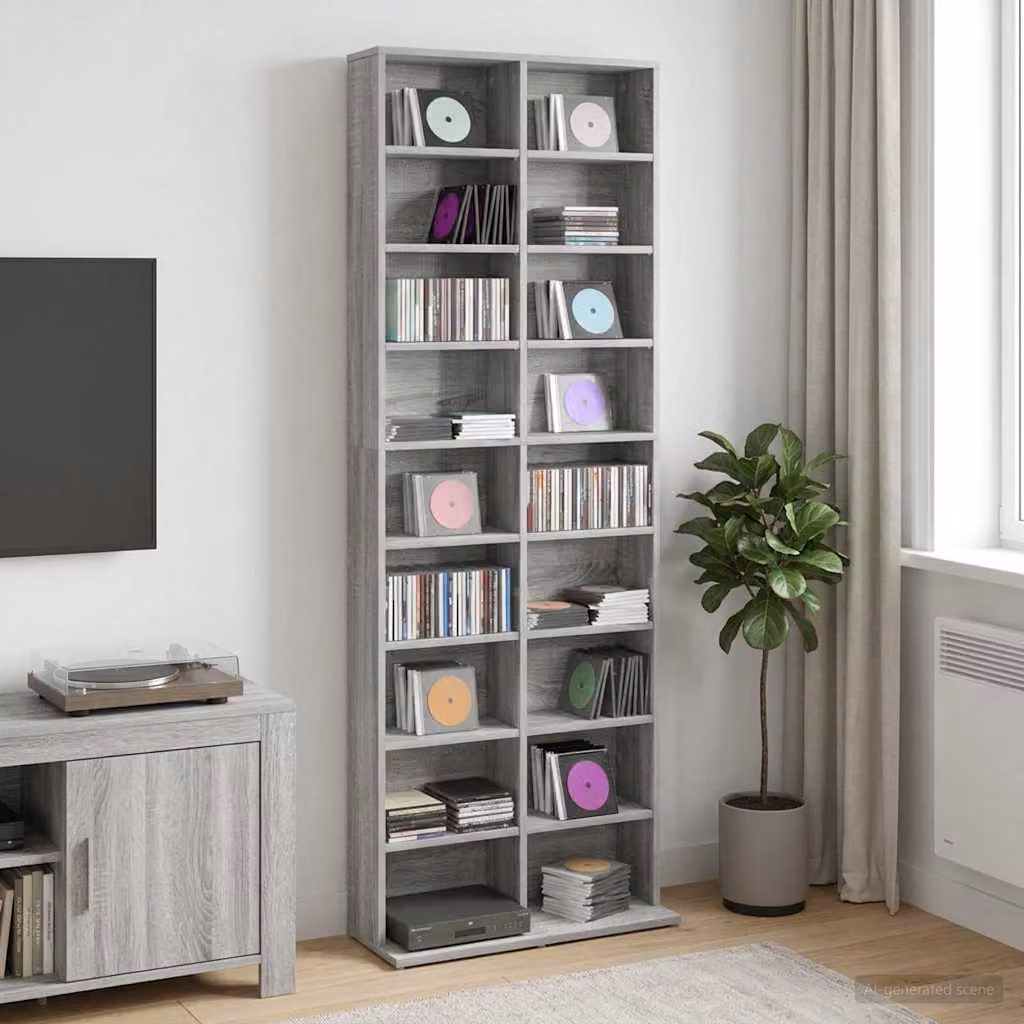Mobile per CD e media vidaXL Sonoma grigio con ripiani regolabili L 65 cm, P 23,5 cm, H 175 cm