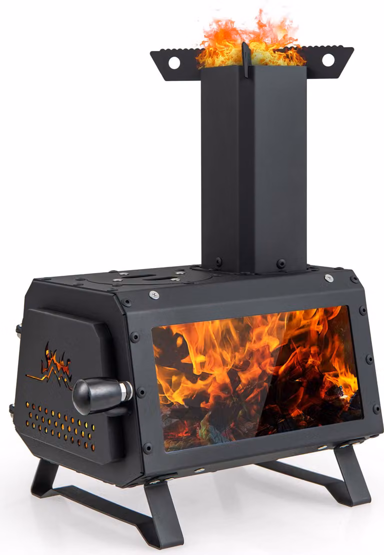 Stufa a legna KOMFOTTEU con finestra di visualizzazione, stufa a razzo portatile con 2 piani di cottura, stufa a tenda con cassetto per la cenere e apertura di ventilazione, stufa da campeggio 28,5 x 20 x 37 cm, per campeggio, giardino
