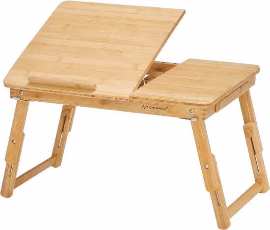 Tavolo per laptop in legno di bambù per il letto, regolabile in altezza e con piano d'appoggio pieghevole, adatto a laptop fino a 17 pollici