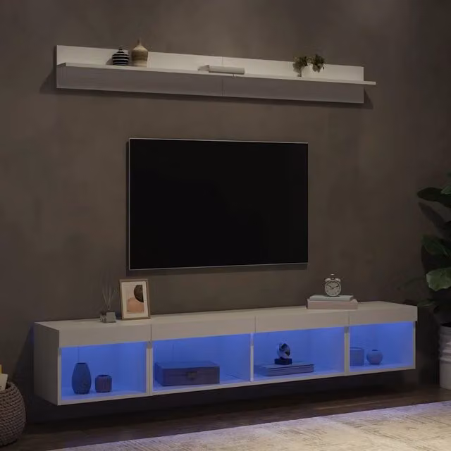 Mobile TV da parete moderno vidaXL in legno multistrato bianco con LED, set da 5 pezzi – 1