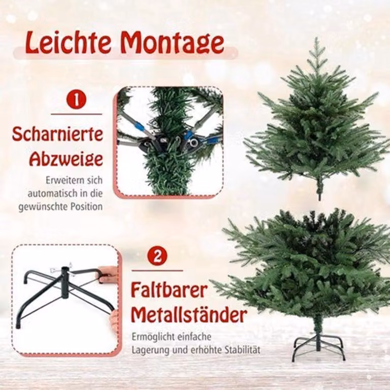 Albero di Natale artificiale, altezza 135 cm, verde, con 160 luci LED bianco caldo e base in metallo