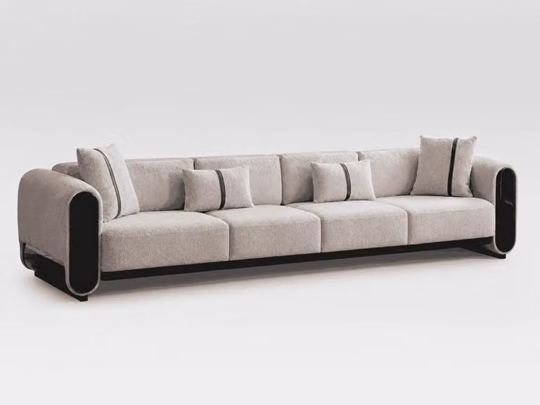 Divano a 4 posti, colore beige, tessuto, struttura in legno, design moderno e contemporaneo, ideale per l'arredamento della zona living